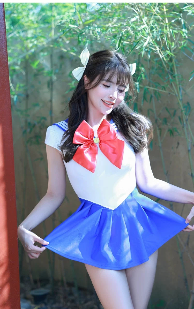 Sailor Scout Cosplay One-Piece Swimsuit with Skirt & Thong Bottom