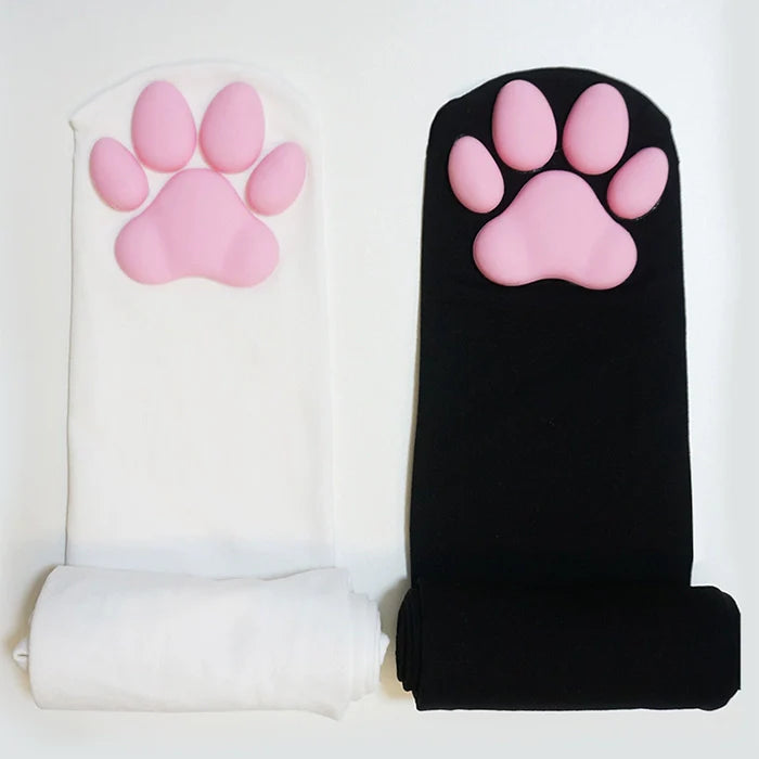 100D Knee Stockings with 3D Cute Cat Paw Paddings Anime Style Velvet Stockings