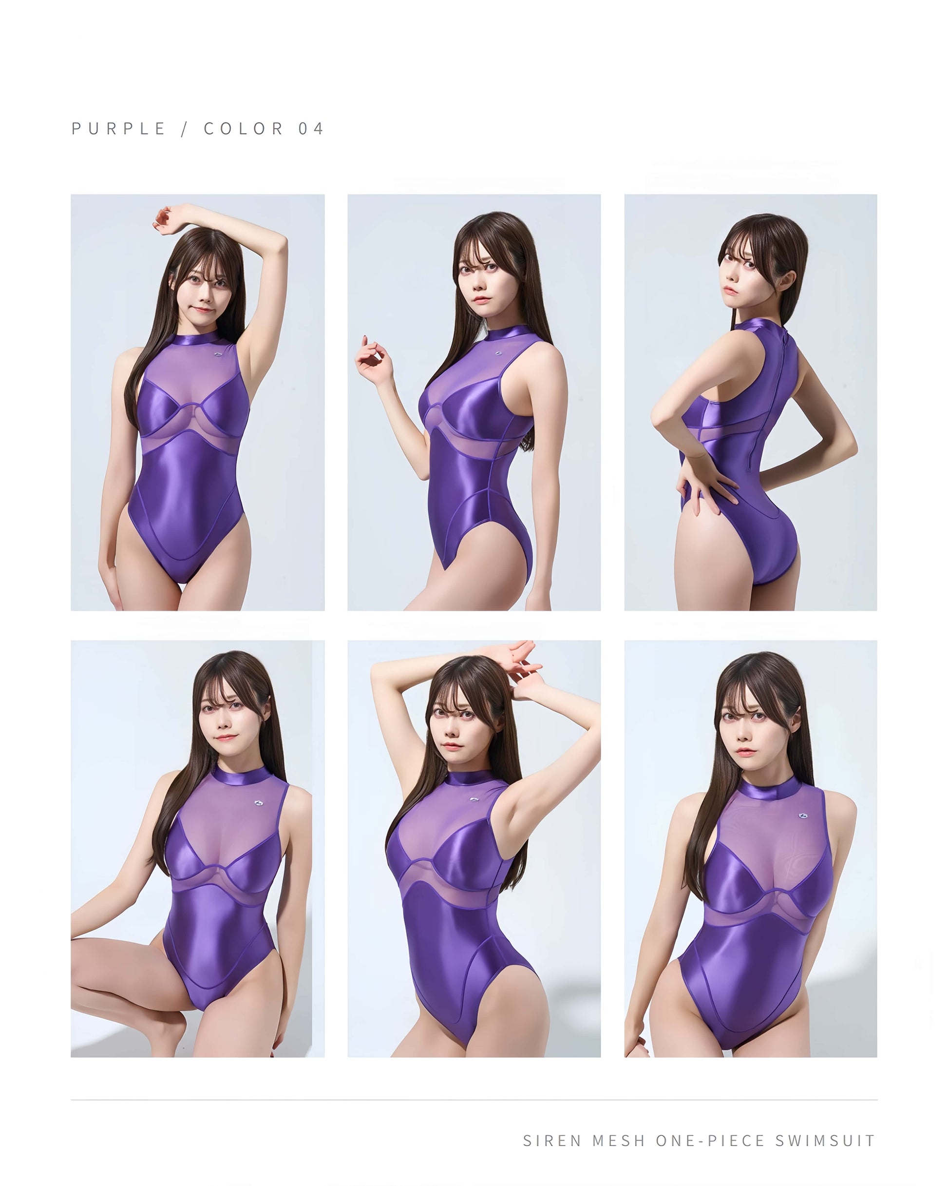 Purple siren mesh one-piece swimsuit shown on a model in multiple poses against a light blue background.