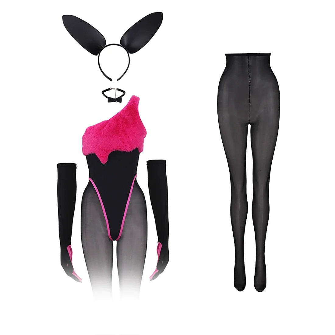 Anime Style Bunny Girl Knitted Black Pink Bodysuit Lingerie Set