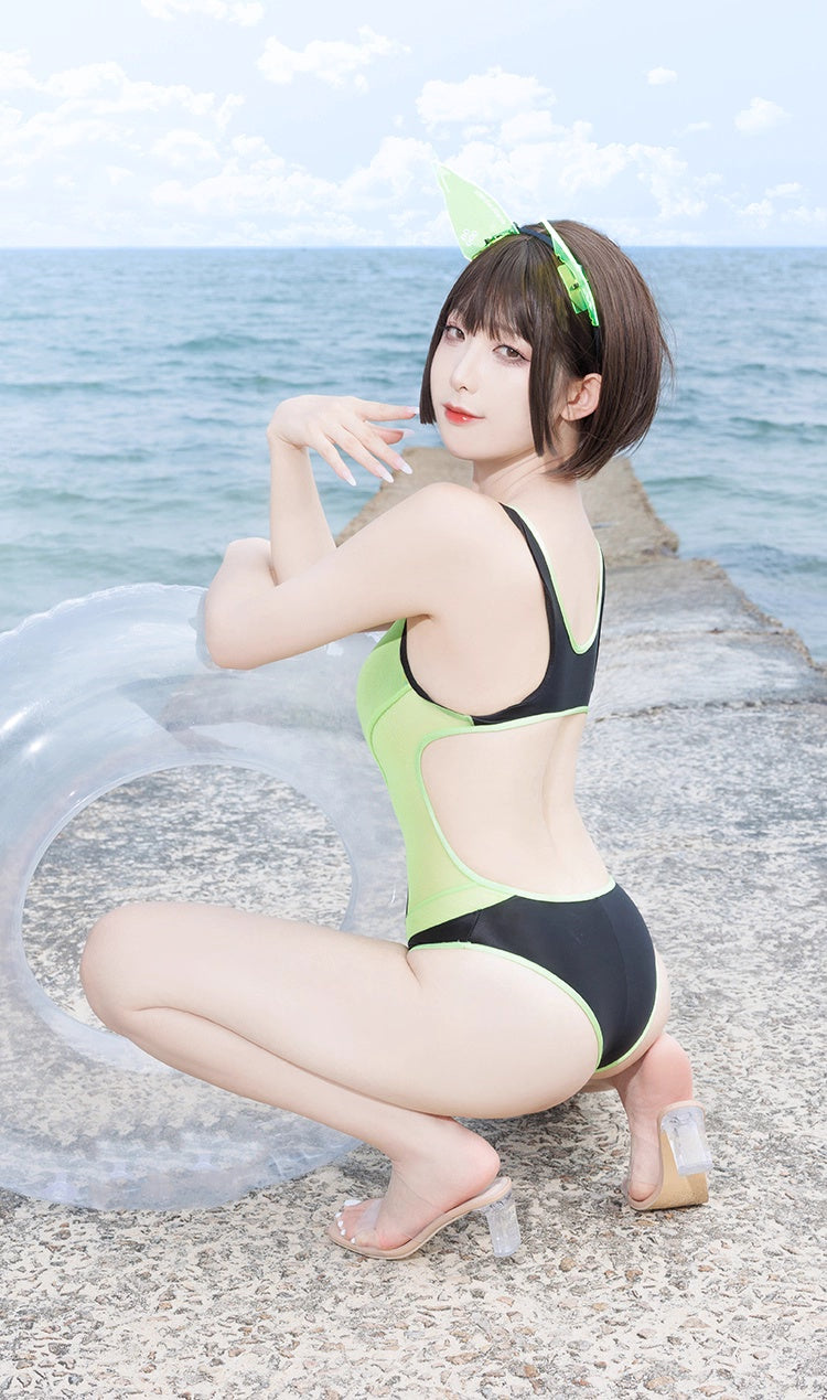 Anime Style One-piece Sexy Racing Swimsuit with Mesh Sheer Dual-color Design