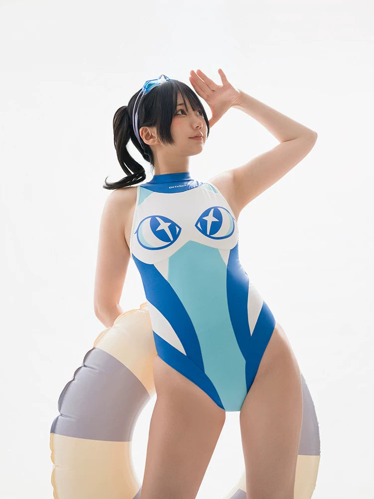 Person wearing a blue and white swimsuit with a unique design on a white background
