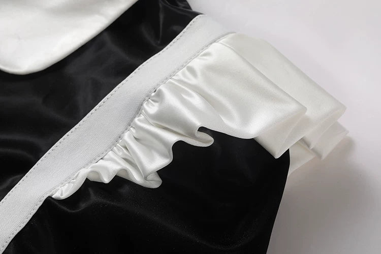 Sensual French Maid Cosplay Lingerie Set - Sheer Bodysuit & Satin PU Leather Crop Top