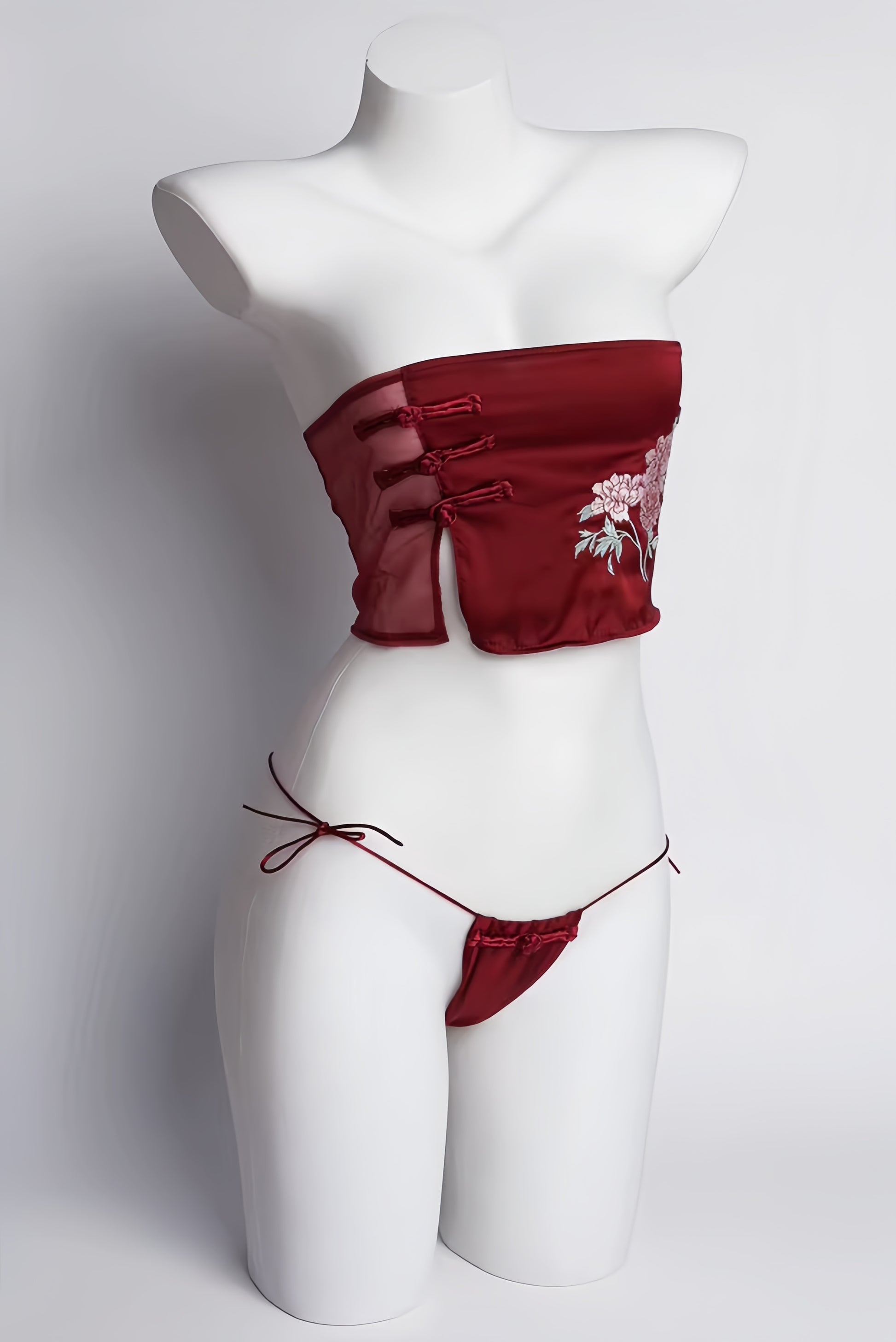 Modern Oriental Embroidered Lingerie Set - Floral Satin Tube Top & Tie-Side G-String