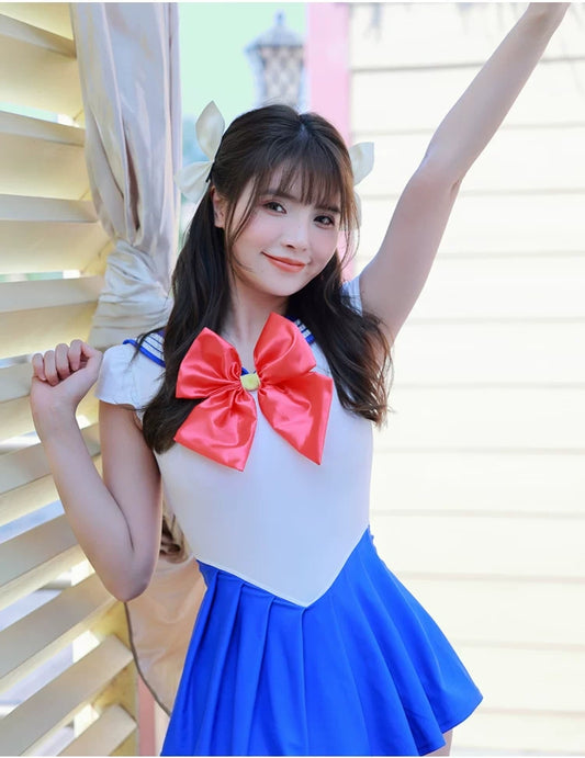 Sailor Scout Cosplay One-Piece Swimsuit with Skirt & Thong Bottom