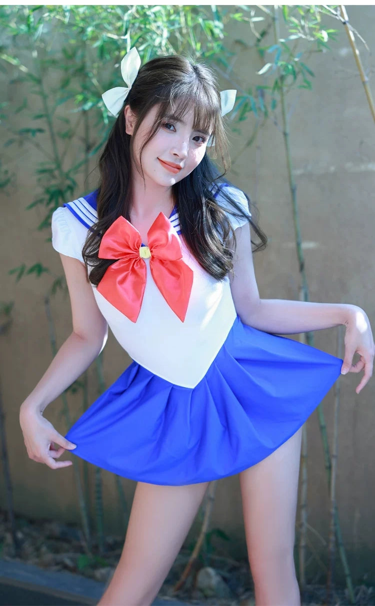 Sailor Scout Cosplay One-Piece Swimsuit with Skirt & Thong Bottom
