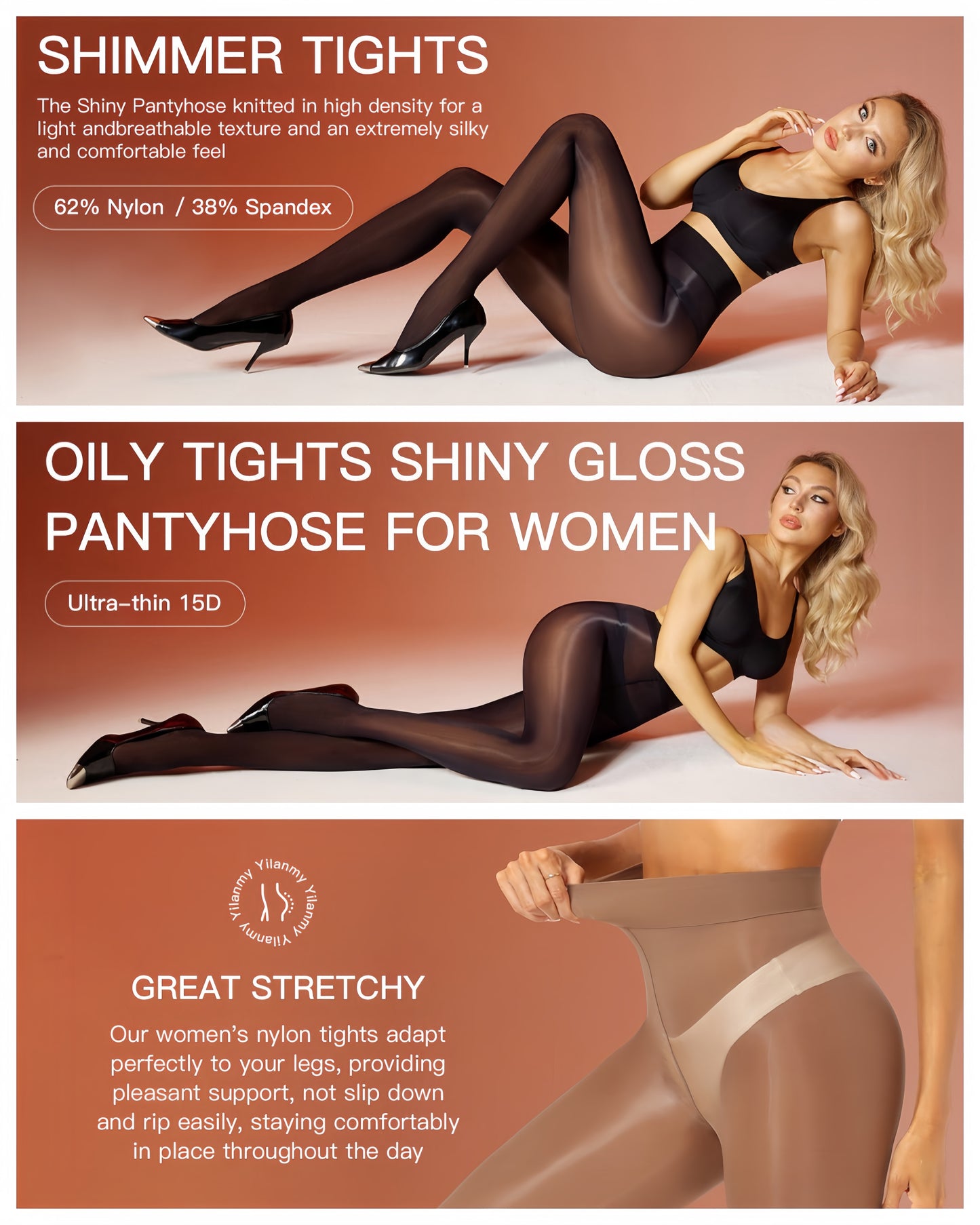 Advertisement for women's tights with a model wearing them, featuring text about the product's features.