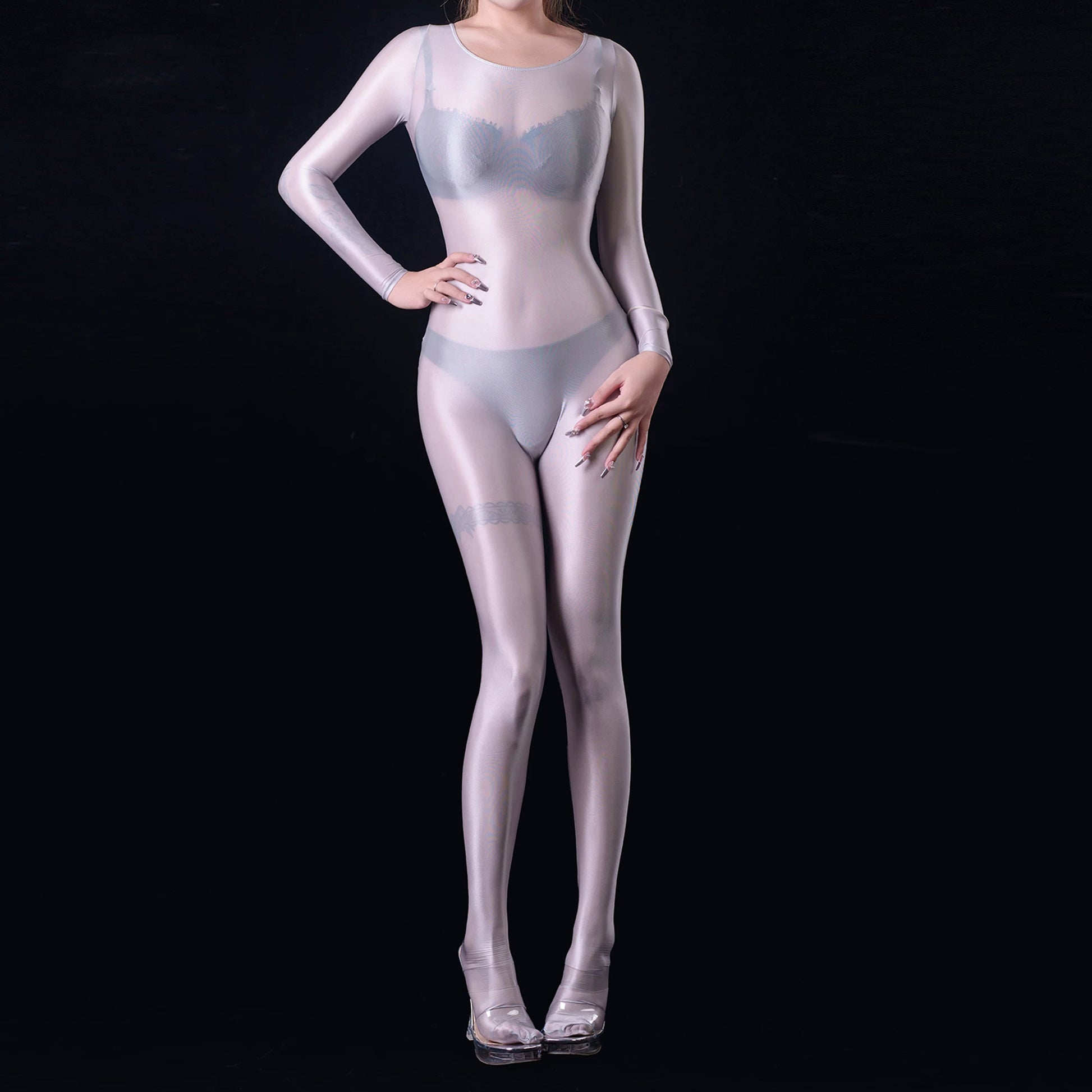 Ultra-Sheer High-Gloss Full Bodysuit - Wide Neck Footed Spandex Jumpsuit