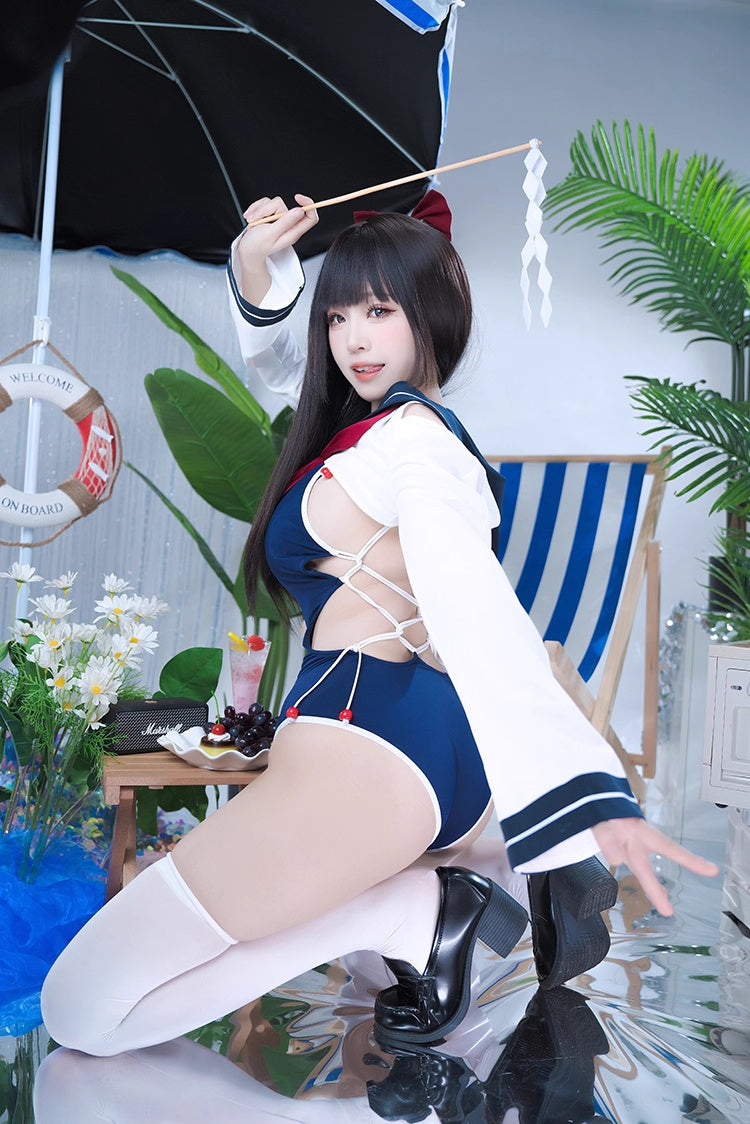 Anime Sailor Style Two-Piece Uniform Bondage Swimsuit Set with Crop Top