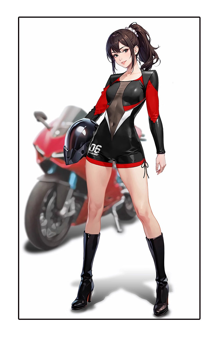 Black and Red One-Piece Spandex Race Queen Bodysuit Cotume with Sheer Mesh