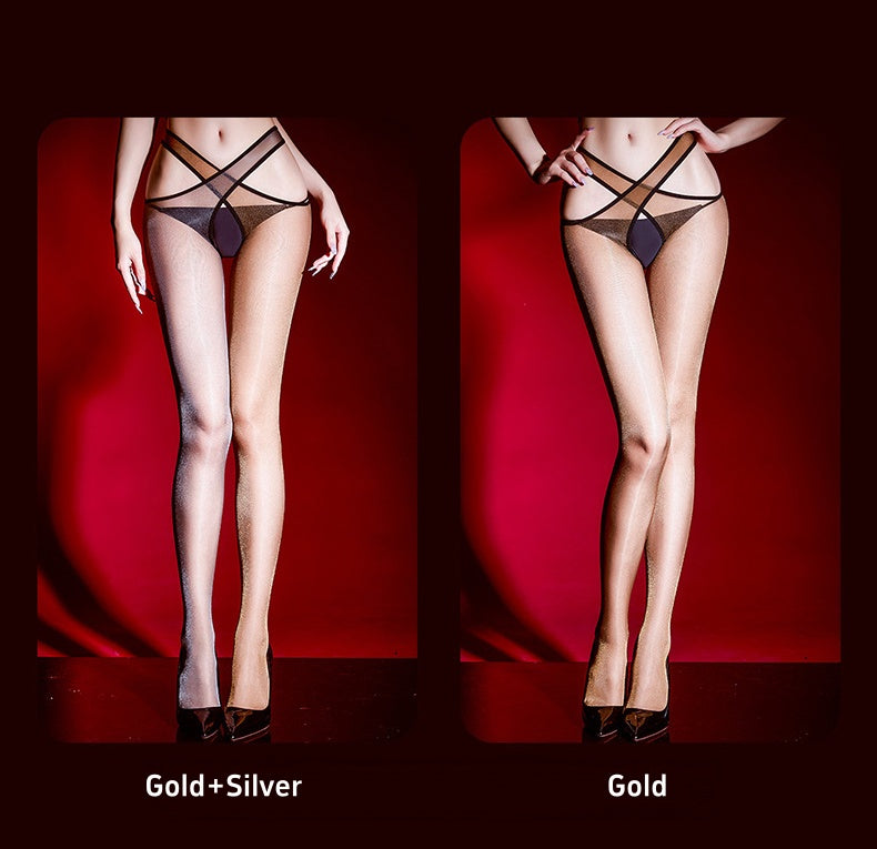 Crossover Waistband Split Leg Tights Crotchless Pantyhose