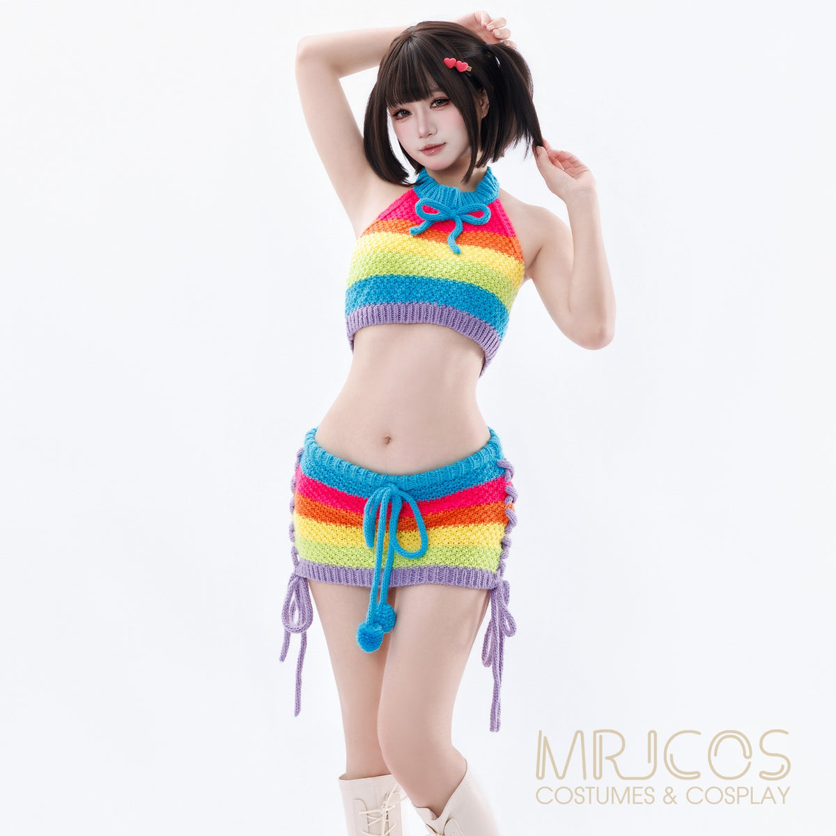 Rainbow Knit Halter Crop Top & Mini Skirt Set – Anime Cosplay & Festival Two-Piece Outfit