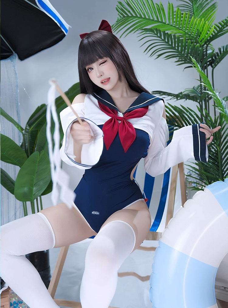 Anime Sailor Style Two-Piece Uniform Bondage Swimsuit Set with Crop Top
