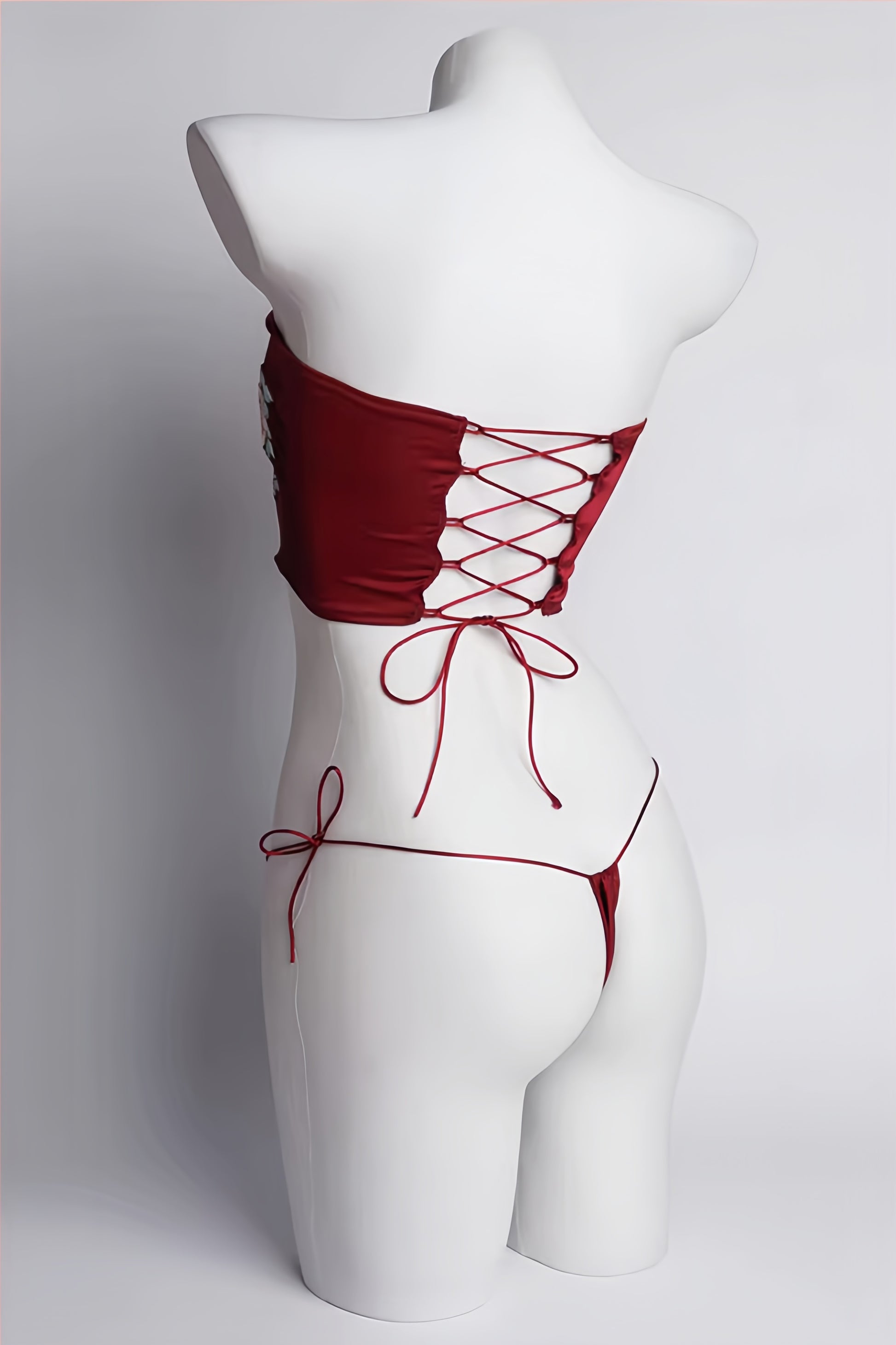 Modern Oriental Embroidered Lingerie Set - Floral Satin Tube Top & Tie-Side G-String