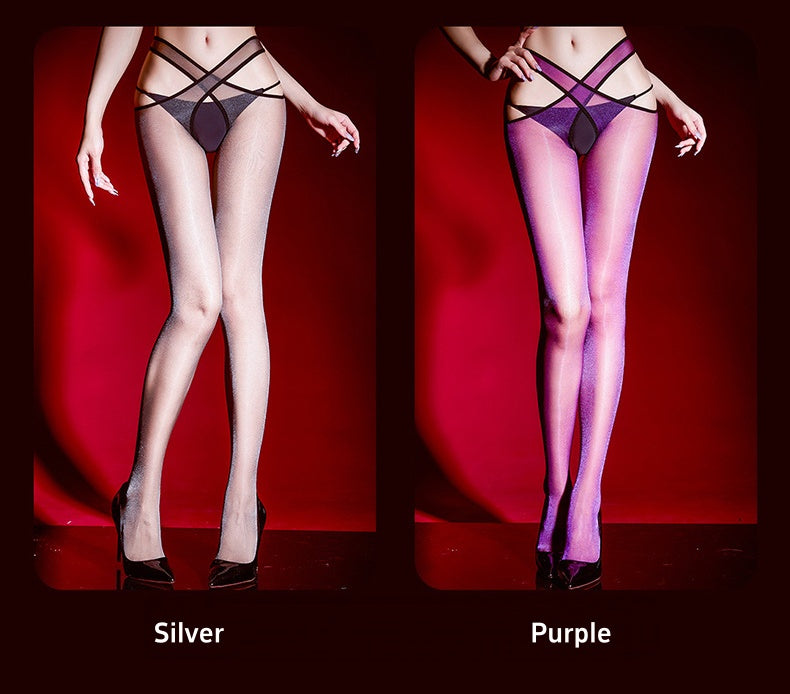 Crossover Waistband Split Leg Tights Crotchless Pantyhose