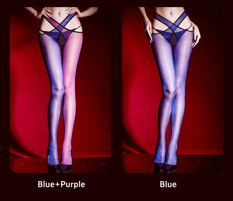 Crossover Waistband Split Leg Tights Crotchless Pantyhose