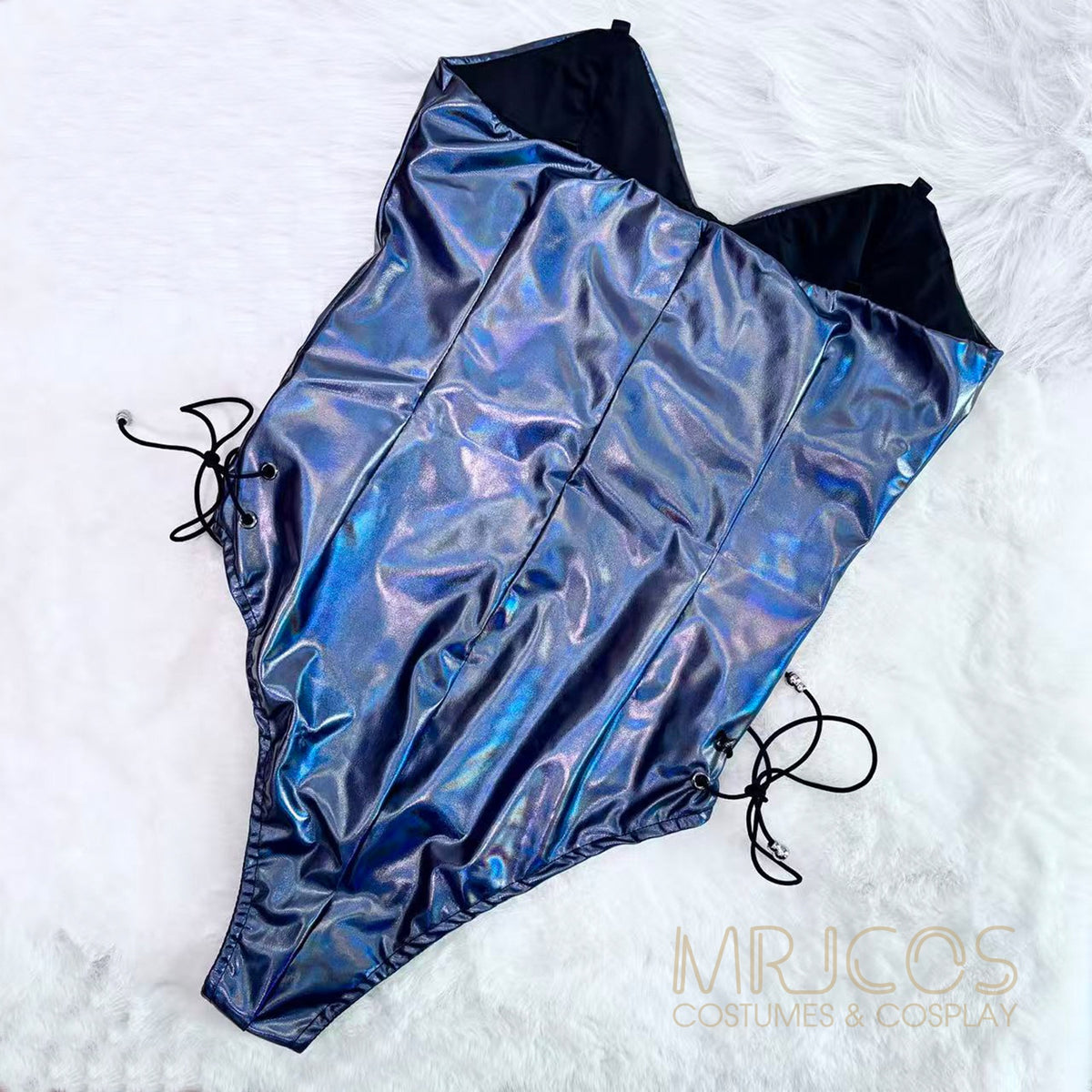 Iridescent Metallic Bunny Girl Cosplay Bodysuit Set – Holographic PU Leather Open Crotch Lingerie