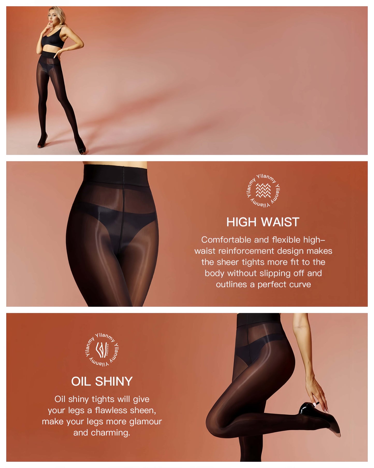 Advertisement for oil shiny tights with a model wearing them on a peach background.