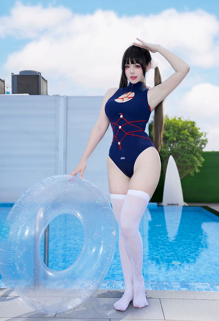 Anime Cosplay High-Neck One-Piece Swimsuit - Navy Blue & Red Strappy Bodysuit
