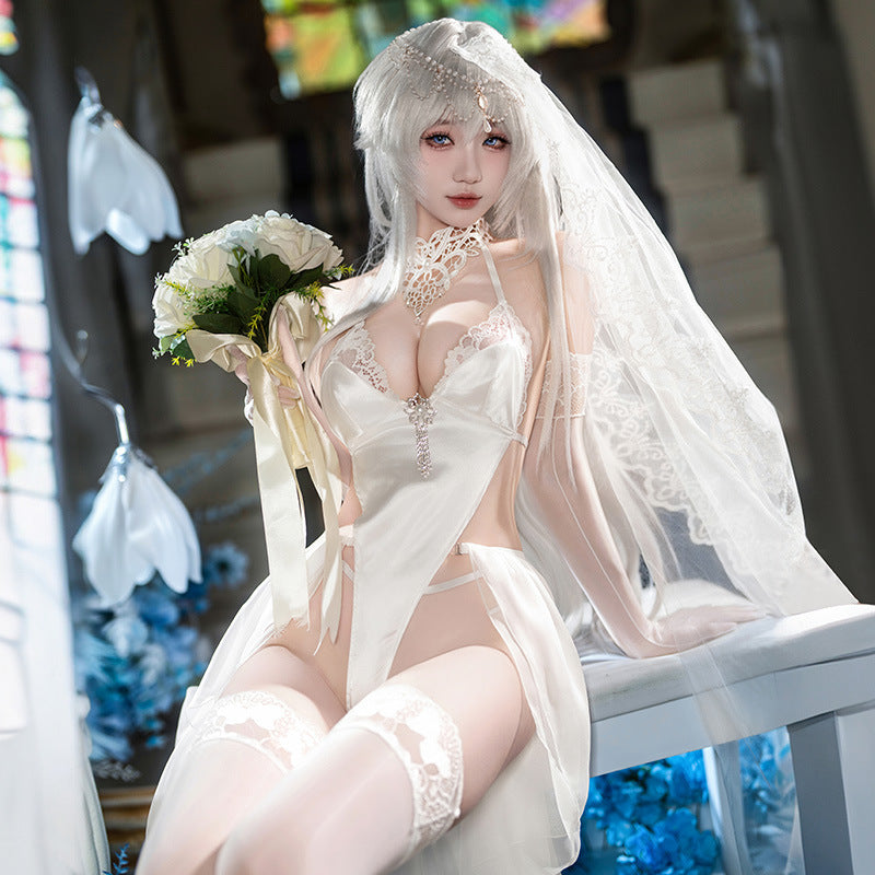 Gothic Bridal Cosplay Lingerie Set – Open-Crotch Sheer Lace Bodysuit, Veil & High-Slit Skirt Outfit