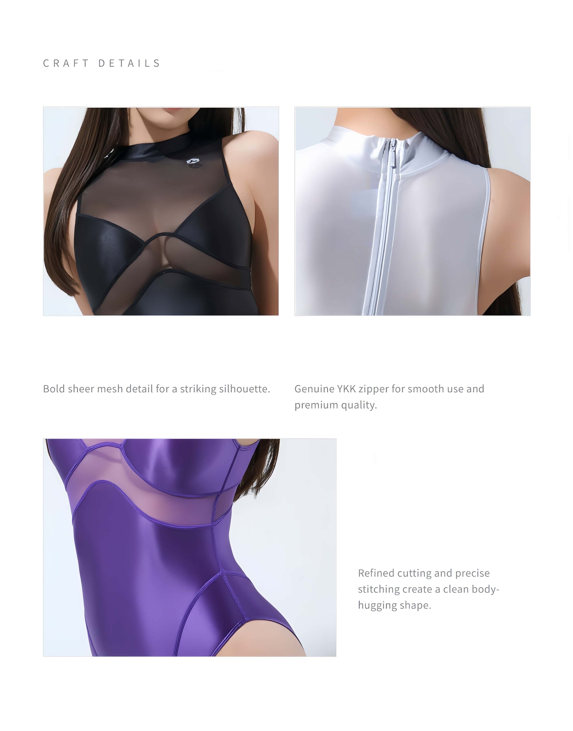 Product details of a swimsuit with sheer mesh, zipper, and cutting design on a white background.