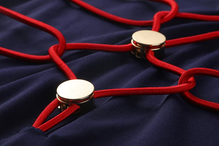 Anime Cosplay High-Neck One-Piece Swimsuit - Navy Blue & Red Strappy Bodysuit