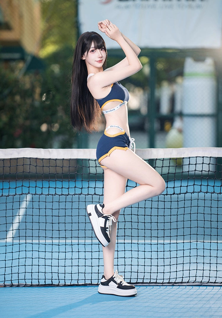 Anime Style Boxing Running Sexy Sports Activewear Set Hollow Tank Top with Shorts