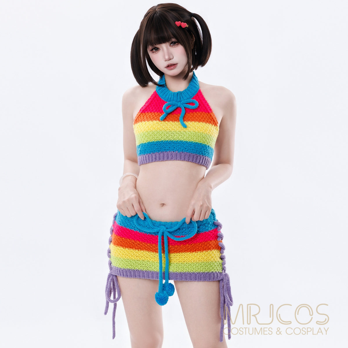 Rainbow Knit Halter Crop Top & Mini Skirt Set – Anime Cosplay & Festival Two-Piece Outfit