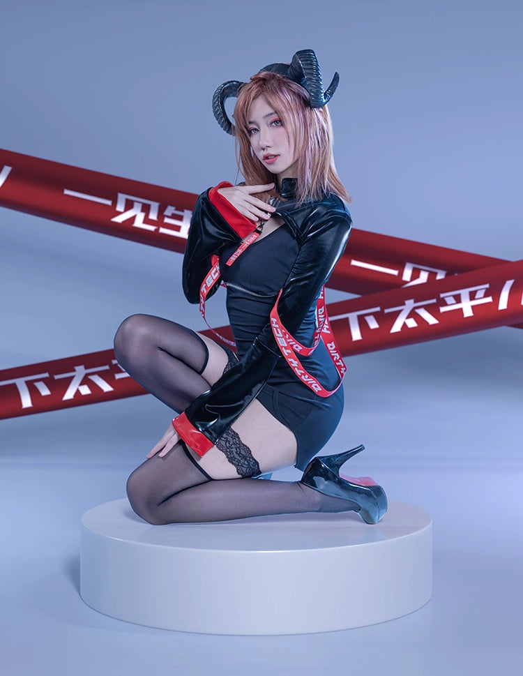 Anime Style Black and White Witch Spandex PU Leather Short Dress with Bust Zipper