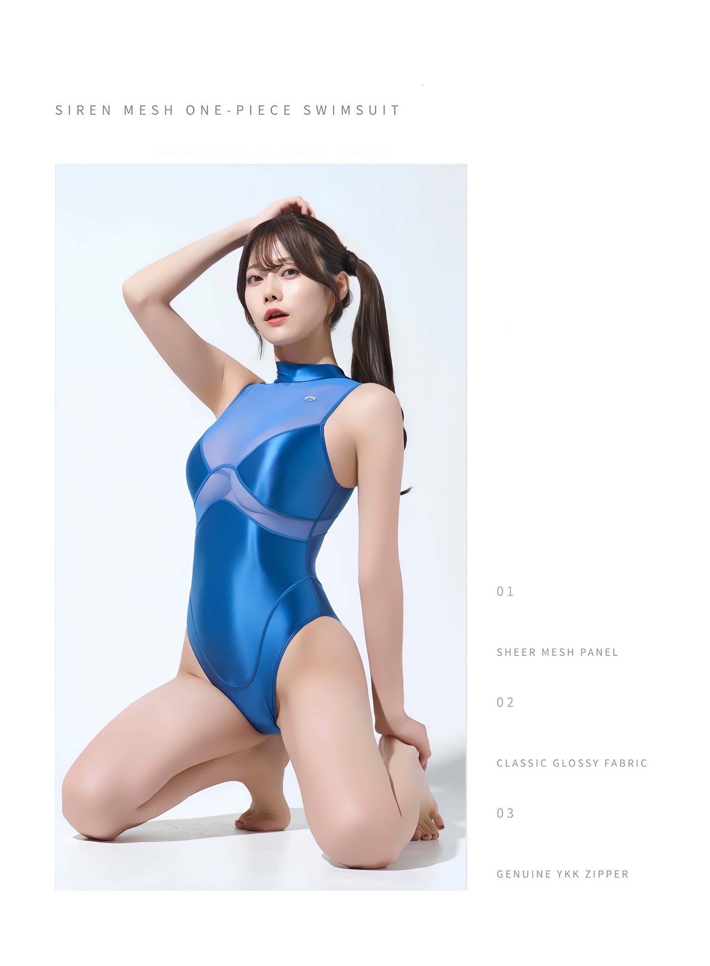 Model wearing a blue swimsuit on a light gray background