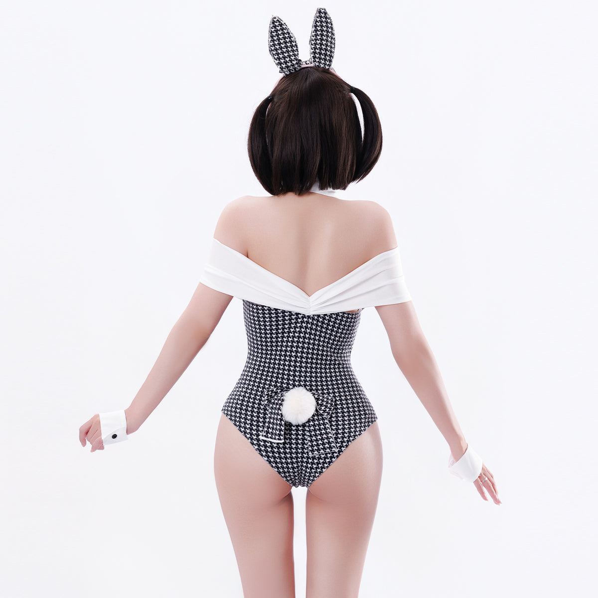 Houndstooth Bunny Girl Cosplay Bodysuit Set – Knit Faux Cashmere
