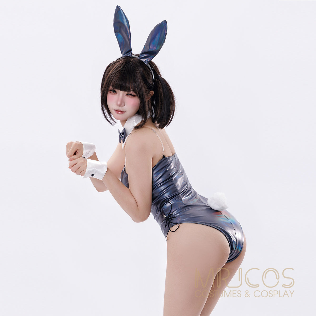 Iridescent Metallic Bunny Girl Cosplay Bodysuit Set – Holographic PU Leather Open Crotch Lingerie