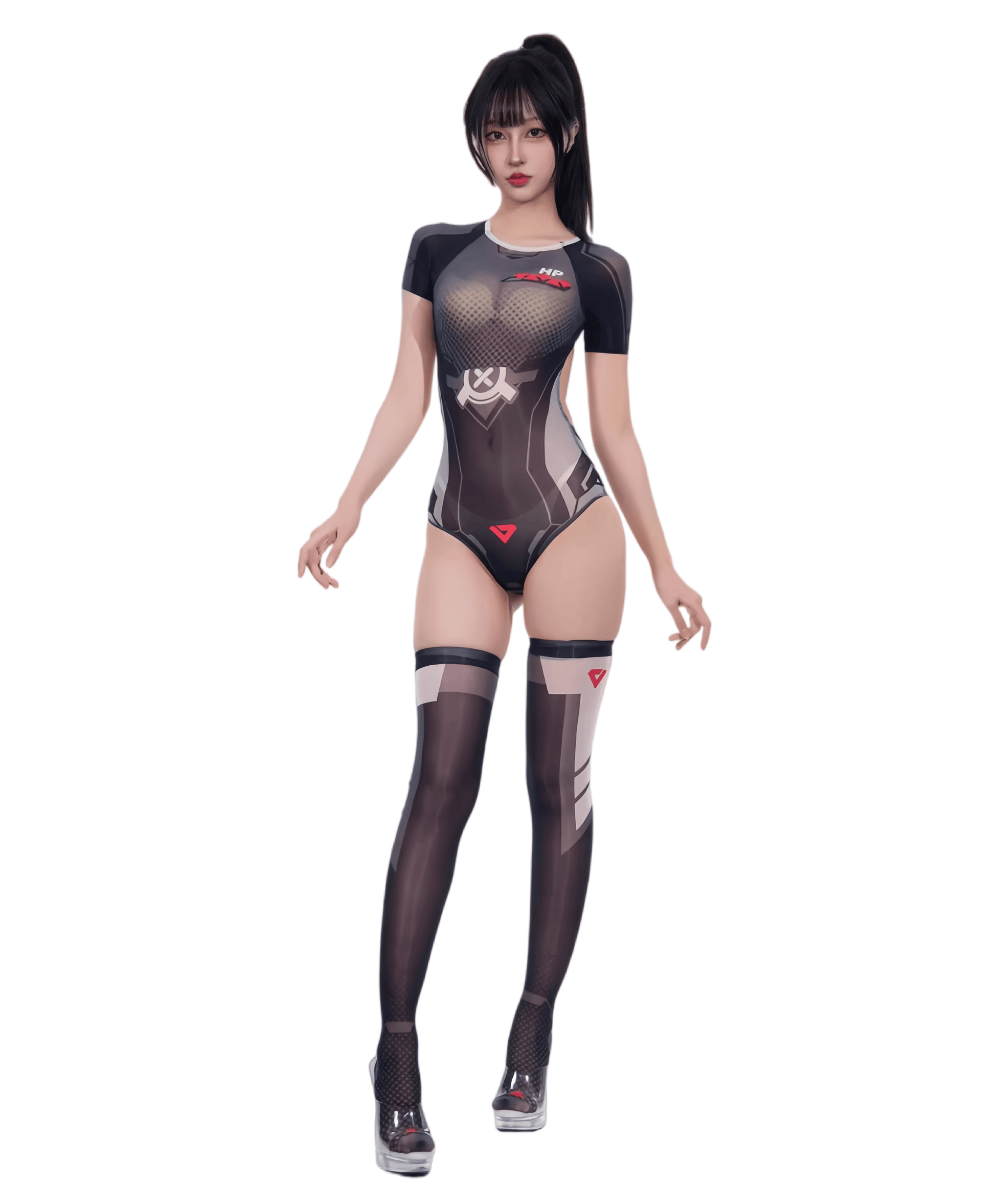 Cyber-Tech Sheer Bodysuit & Matching Thigh-High Stockings Set