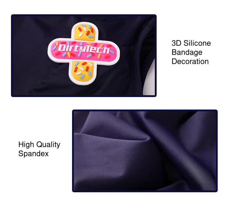 Product with 3D silicone bandage decoration and high quality spandex fabric.