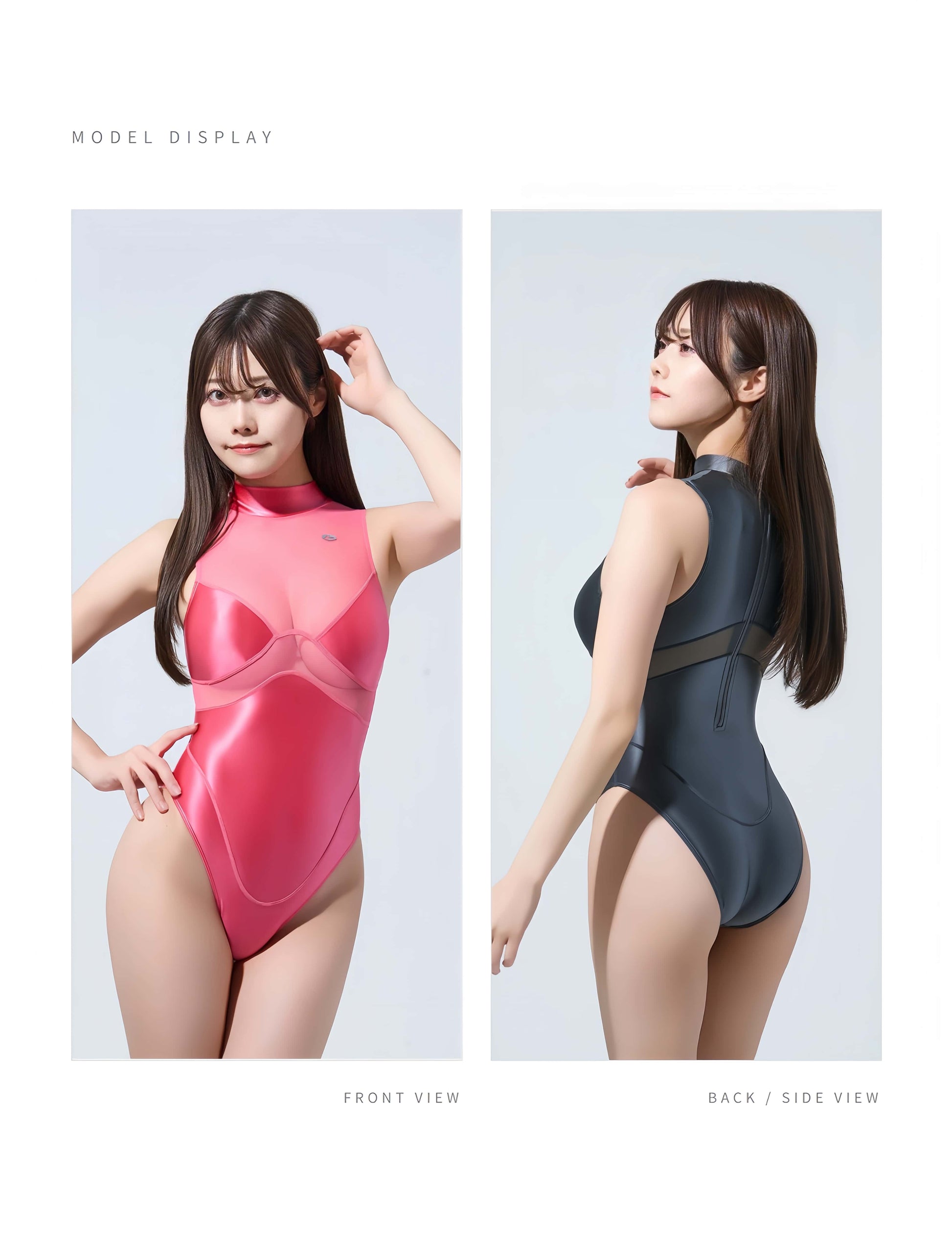 Two views of a model wearing a pink and black swimsuit on a light gray background.