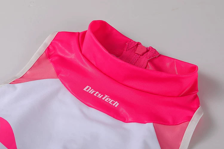 Pink and white sports outfit with 'DirtyTech' branding on a light gray background