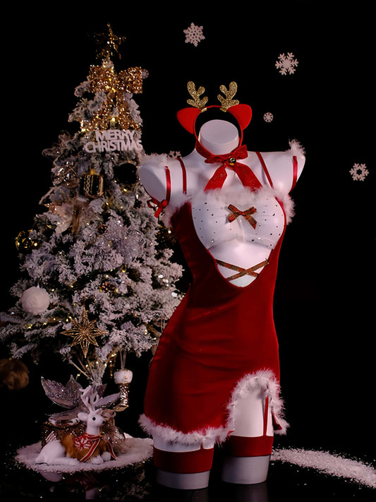 Sexy Women's Christmas Red Party Dress Lingerie Set