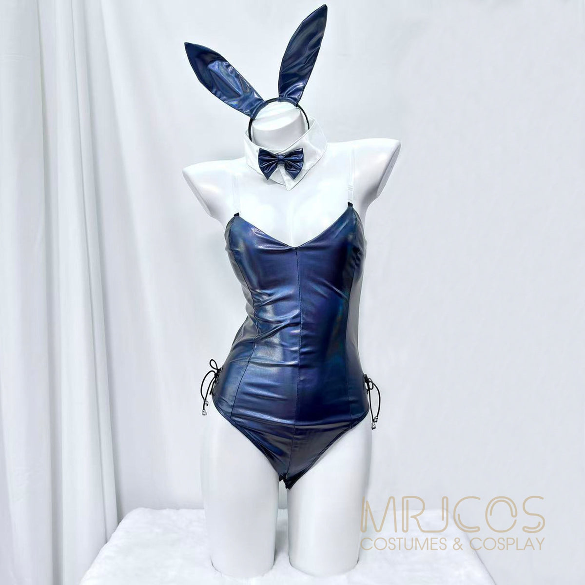 Iridescent Metallic Bunny Girl Cosplay Bodysuit Set – Holographic PU Leather Open Crotch Lingerie