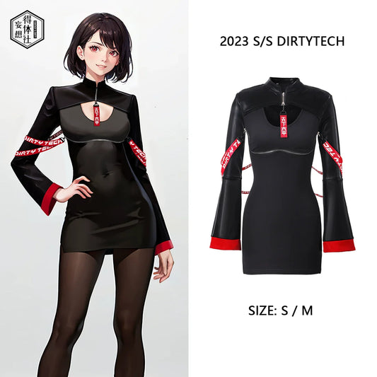 Anime Style Black and White Witch Spandex PU Leather Short Dress with Bust Zipper