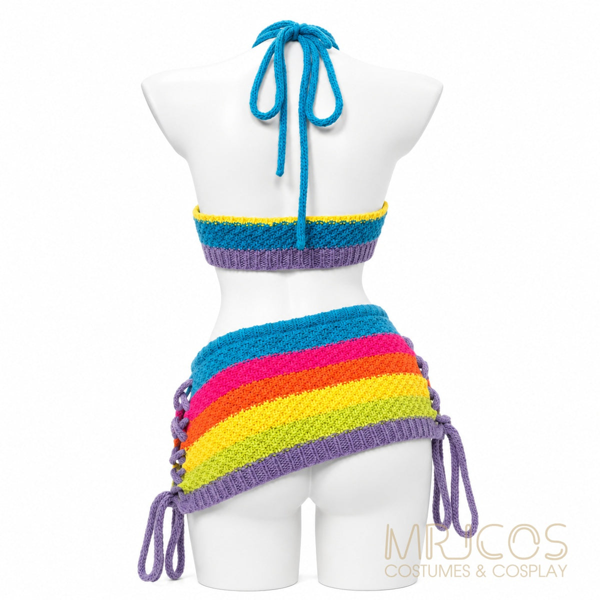 Rainbow Knit Halter Crop Top & Mini Skirt Set – Anime Cosplay & Festival Two-Piece Outfit