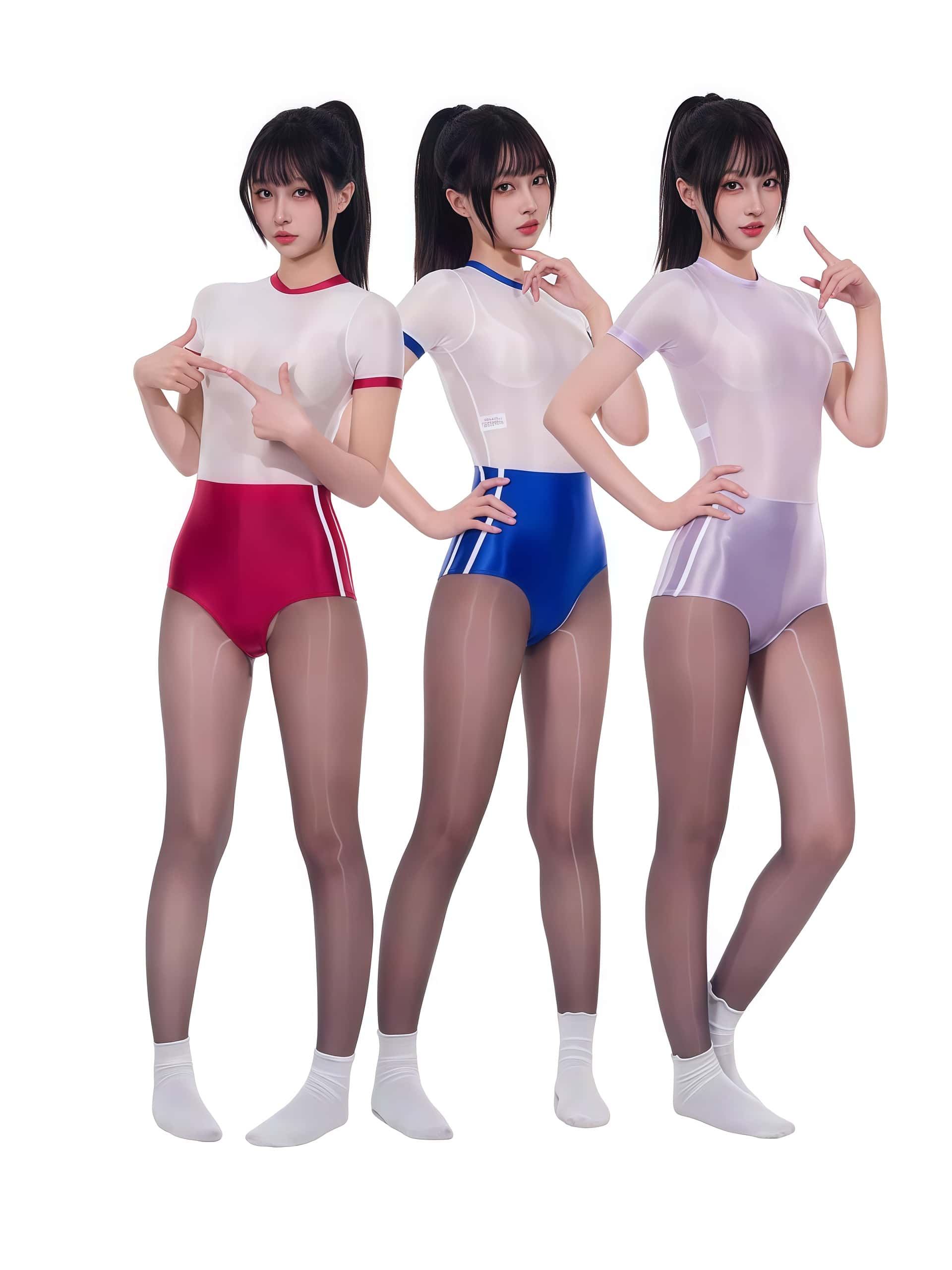 Three women wearing colorful swimsuits on a white background
