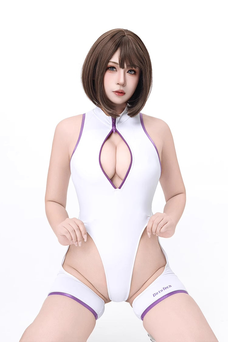Anime Style Sexy One-piece Swimsuit Front Zipper Spandex Racing Swimwear Bodysuit