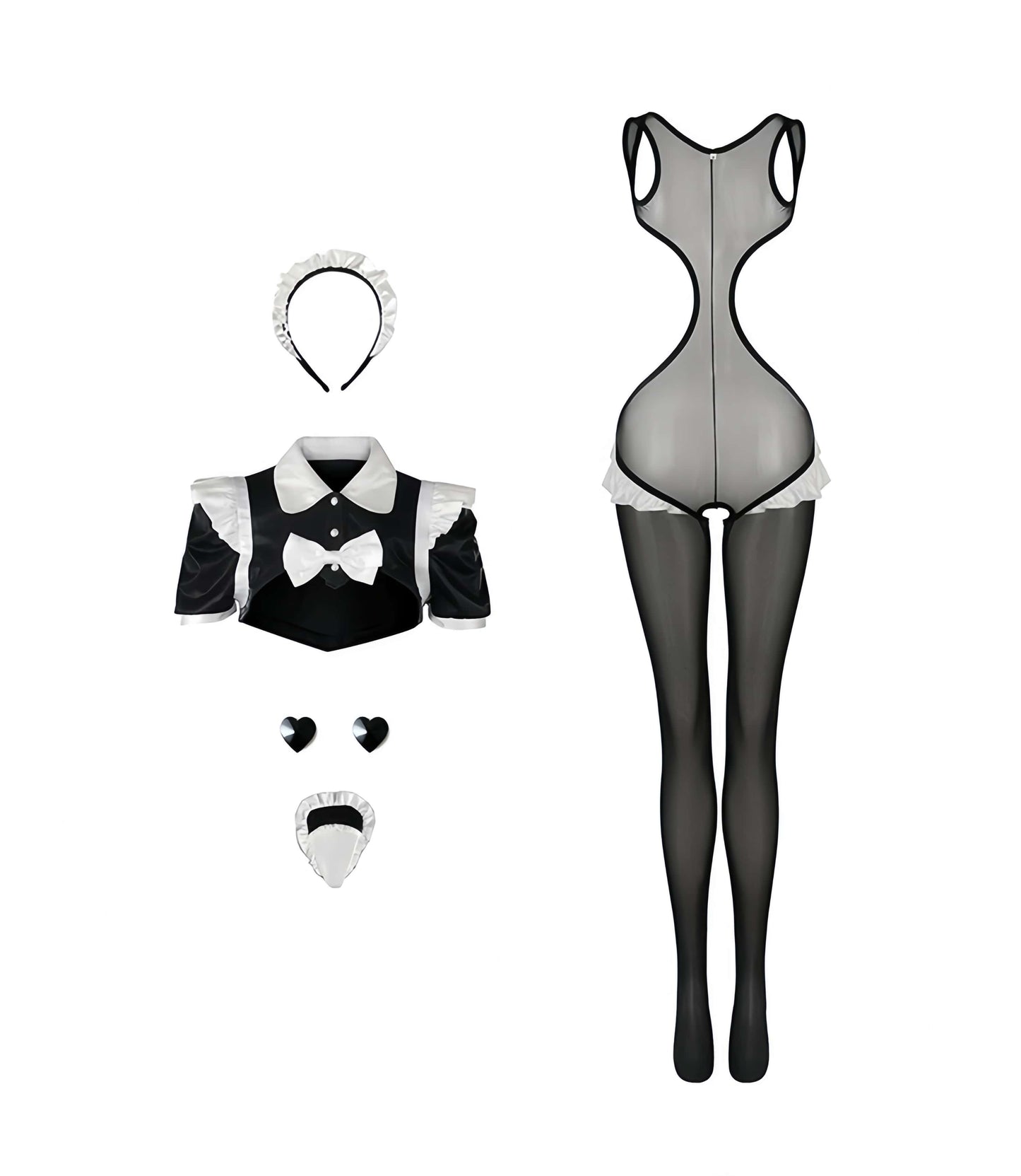 Sensual French Maid Cosplay Lingerie Set - Sheer Bodysuit & Satin PU Leather Crop Top