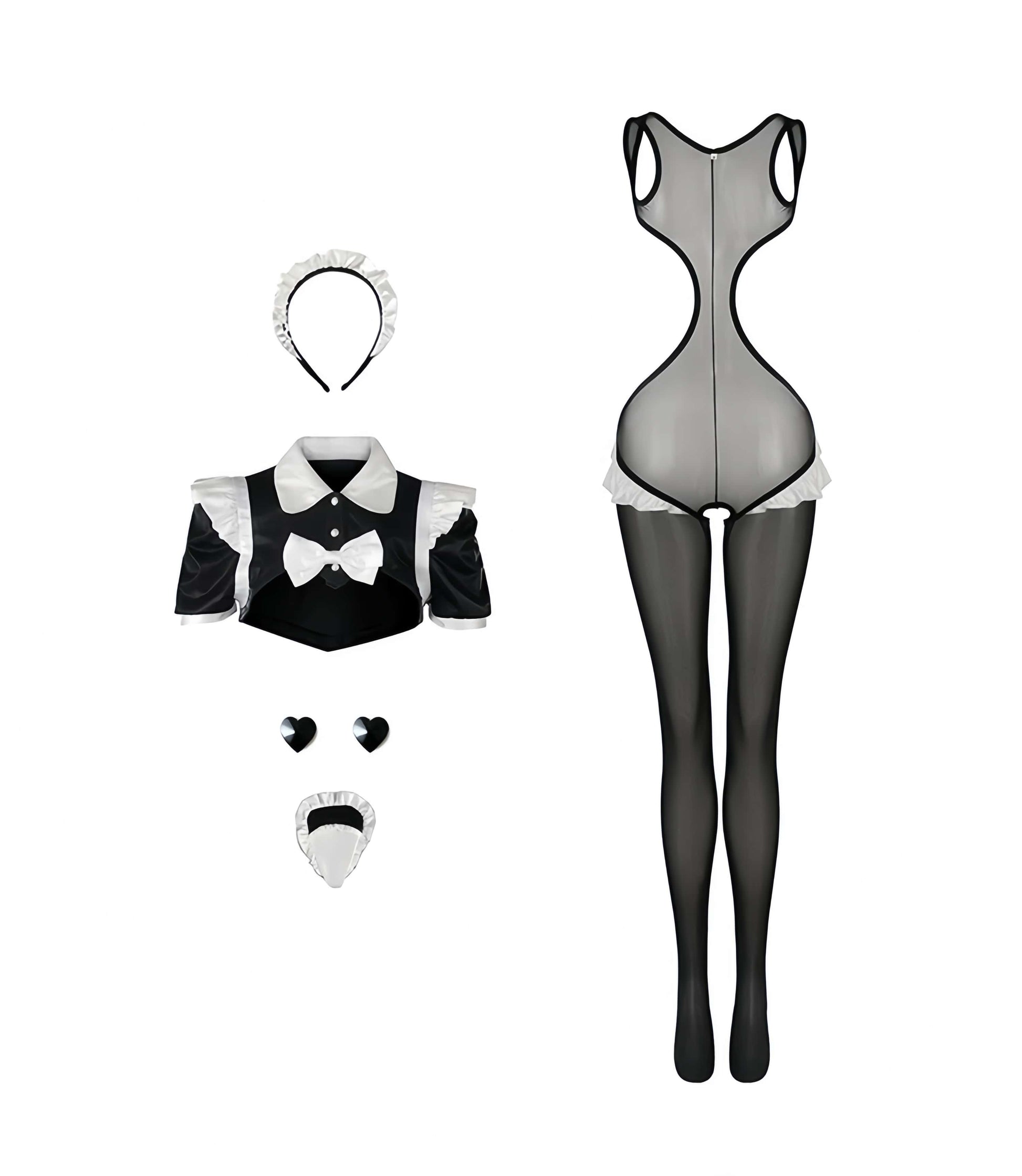 Sensual French Maid Cosplay Lingerie Set - Sheer Bodysuit & Satin PU Leather Crop Top