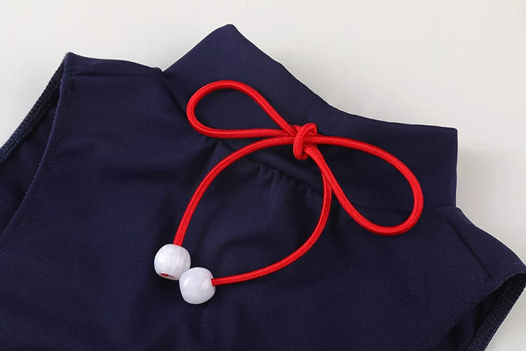 Anime Cosplay High-Neck One-Piece Swimsuit - Navy Blue & Red Strappy Bodysuit