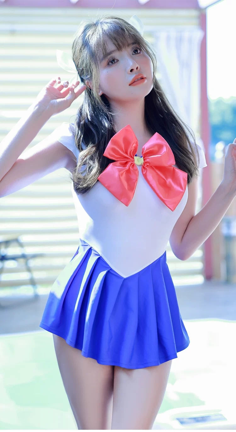 Sailor Scout Cosplay One-Piece Swimsuit with Skirt & Thong Bottom