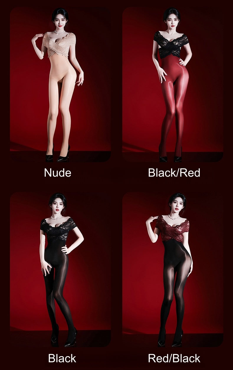 Premium 8D Ultra-Sheer Oil Shiny Full Bodystocking with Lace Top