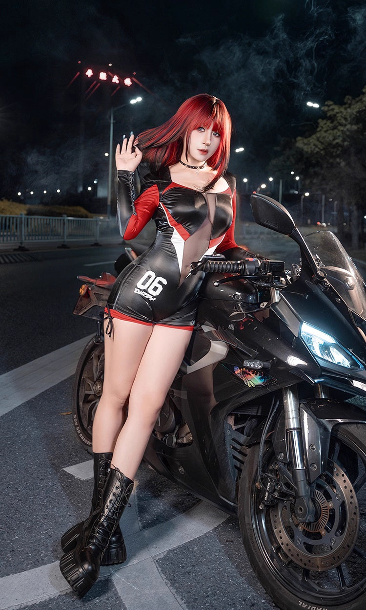 Black and Red One-Piece Spandex Race Queen Bodysuit Cotume with Sheer Mesh