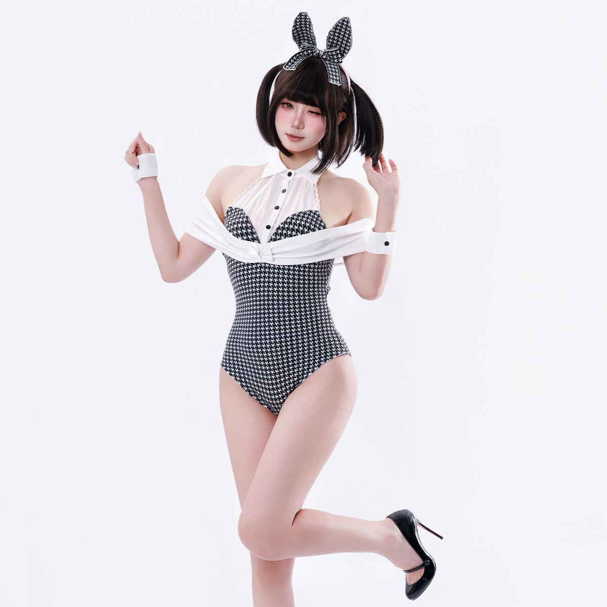Houndstooth Bunny Girl Cosplay Bodysuit Set – Knit Faux Cashmere