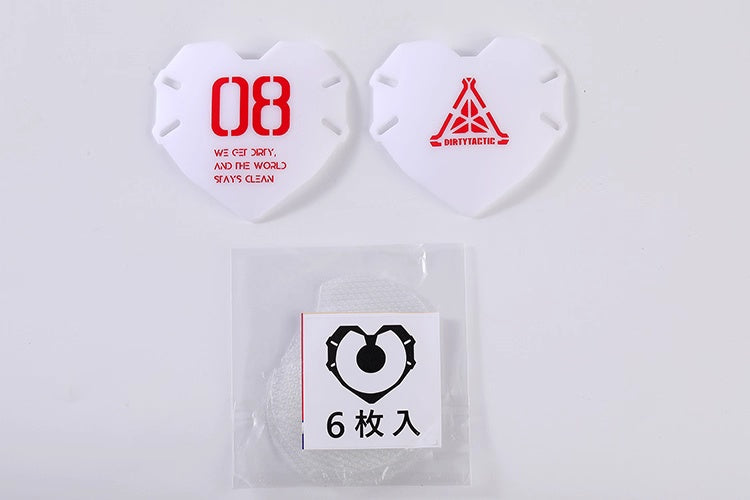 Heart-shaped containers with red text and symbols on a white background